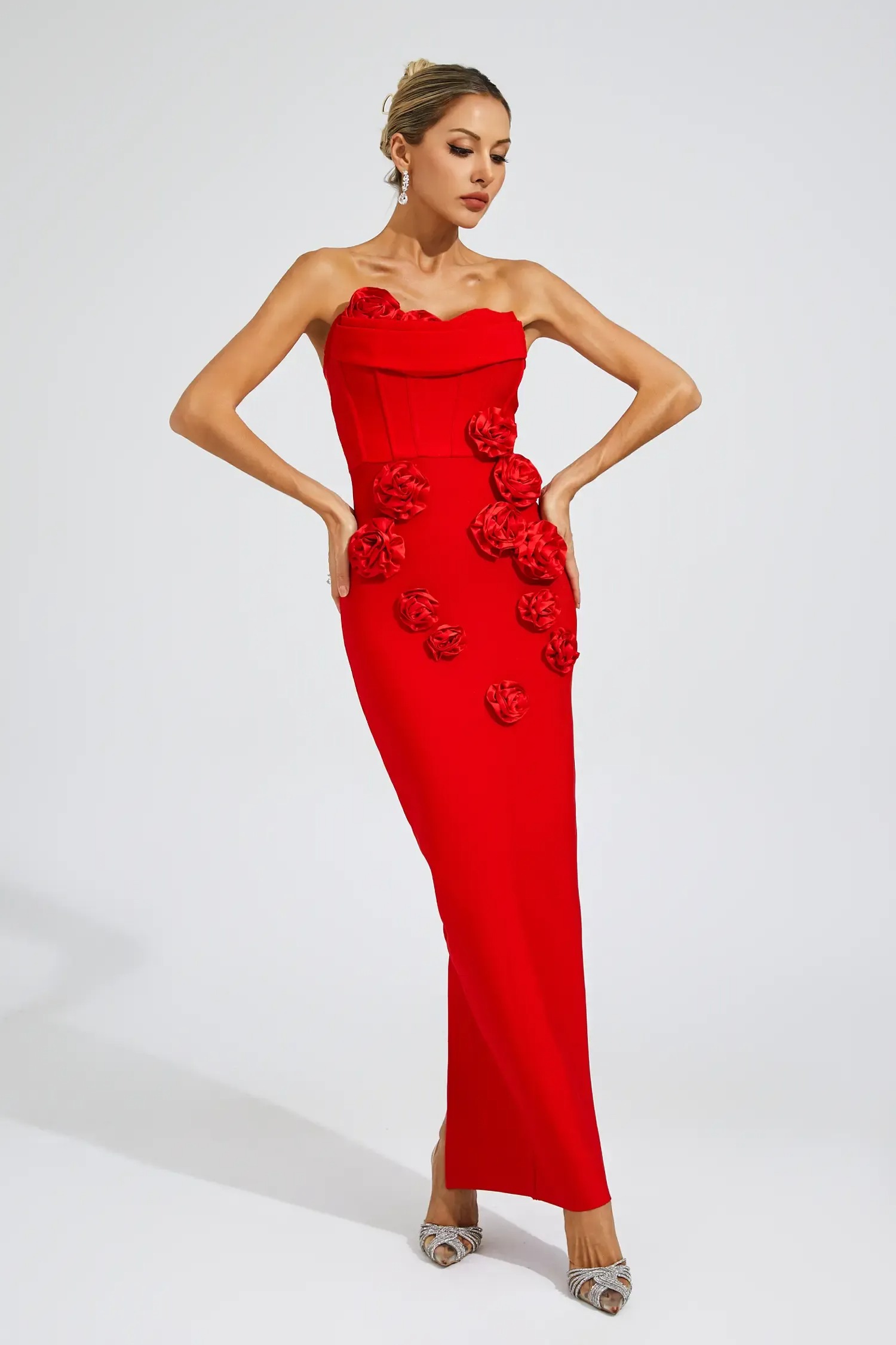 Red Strapless Sheath Gown with 3D Flower Appliques