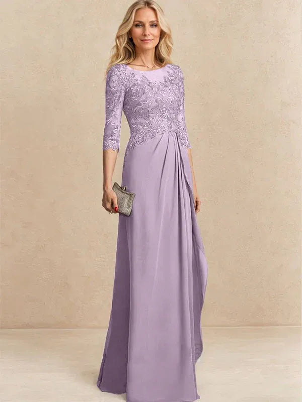 A-line Scoop Illusion Floor-Length Chiffon Lace Mother of the Bride Dress With Beading Sequins Cascading Ruffles