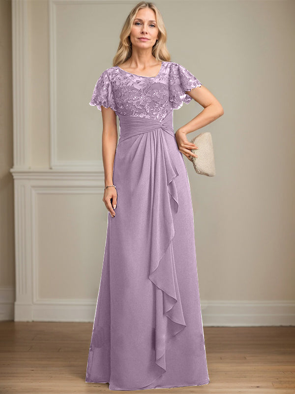 A-line Asymmetrical Illusion Floor-Length Lace Chiffon Mother of the Bride Dress With Cascading Ruffles Sequins