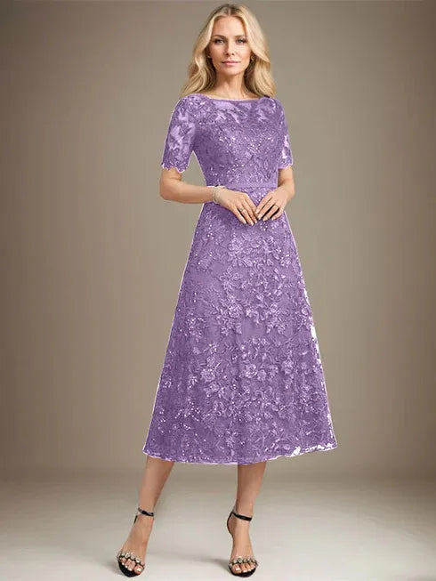 A-line Scoop Illusion Tea-Length Lace Mother of the Bride Dress With Sequins