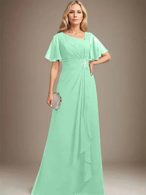 A-line Asymmetrical Floor-Length Chiffon Mother of the Bride Dress With Pleated Beading Sequins
