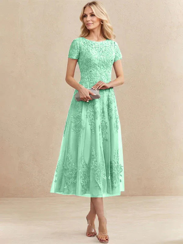 A-line Scoop Tea-Length Tulle Lace Mother of the Bride Dress