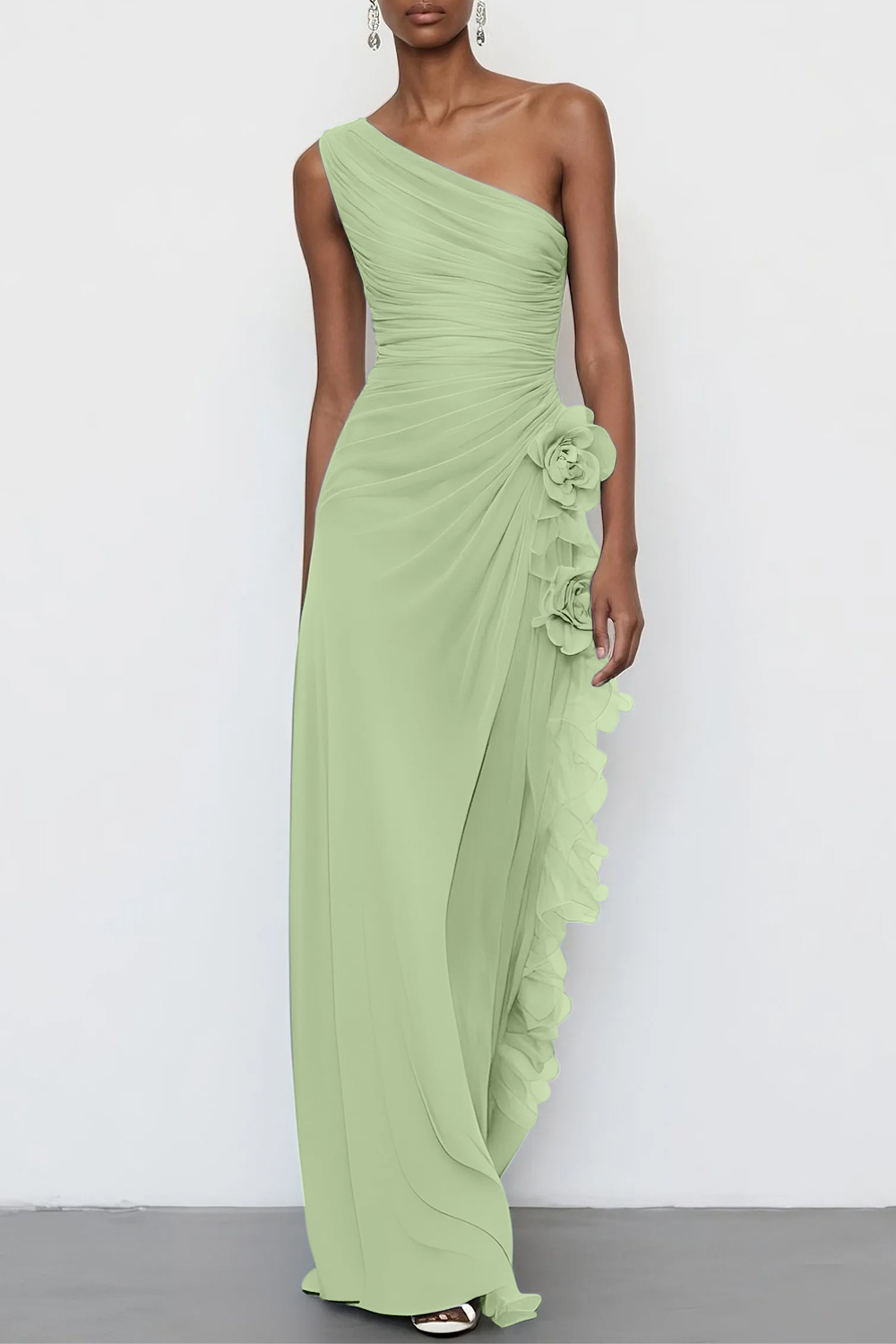 3D Floral Chiffon One Shoulder Sleeveless Sheath Maxi Dress