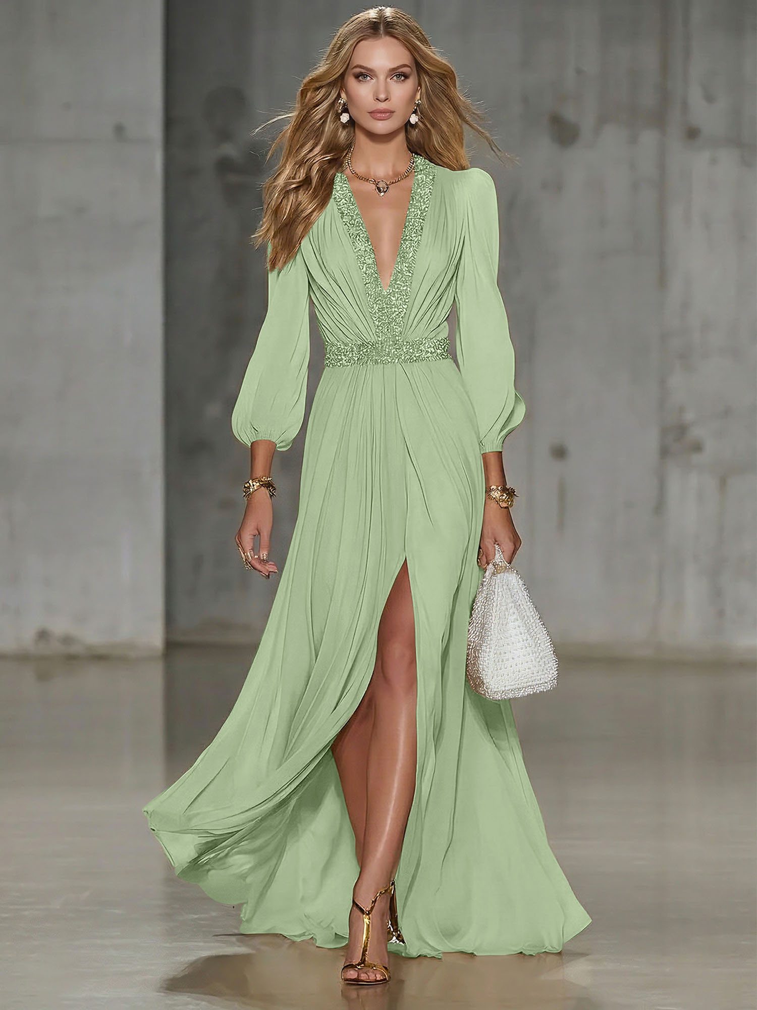 Elegant Beige Chiffon V-neck With Rhinestone Embellishments And A Side Slit Maxi Dress