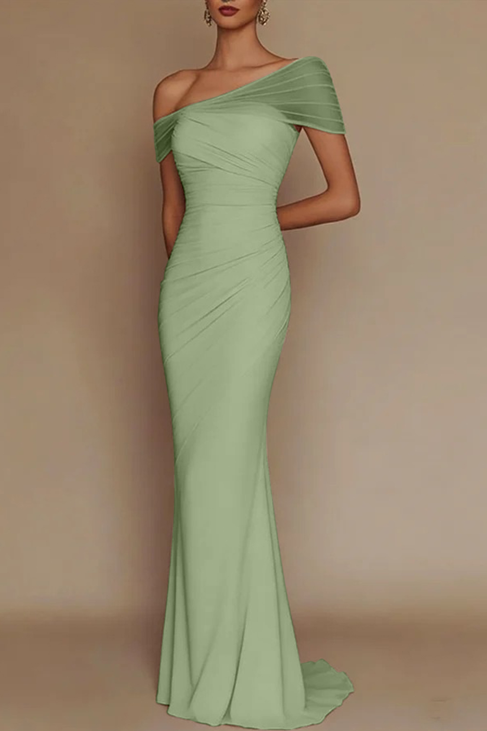 Blush Pink One-Shoulder Mesh-Patched Pleated Mermaid Maxi Dress