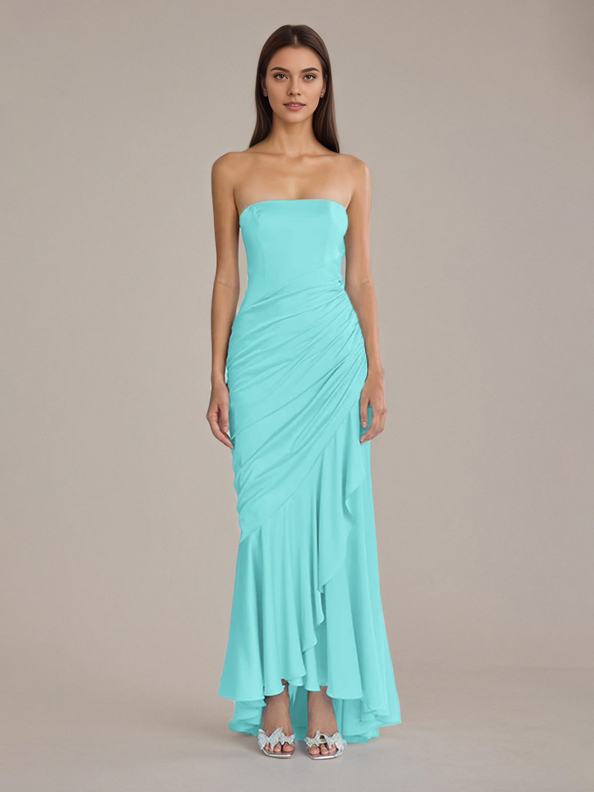 Sheath/Column Satin Off The Shoulder Sleeveless Floor Length Dresses With Ruffles