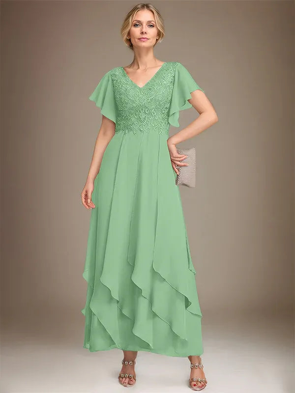 A-line V-Neck Ankle-Length Lace Chiffon Mother of the Bride Dress With Cascading Ruffles