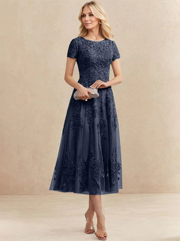 A-line Scoop Tea-Length Tulle Lace Mother of the Bride Dress