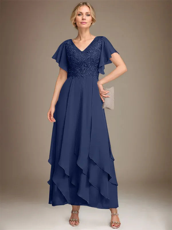 A-line V-Neck Ankle-Length Lace Chiffon Mother of the Bride Dress With Cascading Ruffles