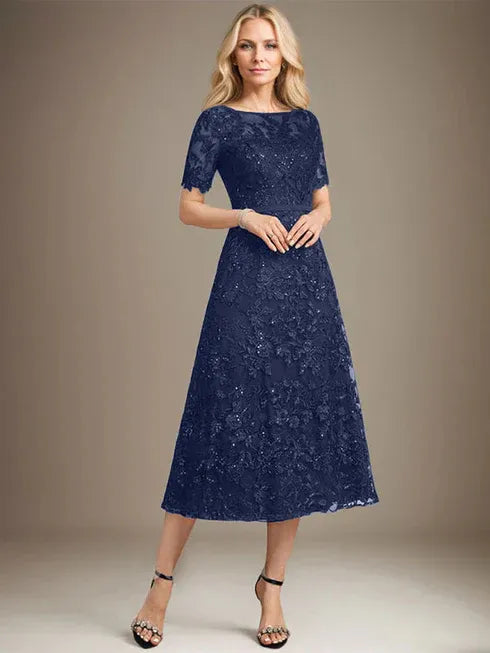 A-line Scoop Illusion Tea-Length Lace Mother of the Bride Dress With Sequins