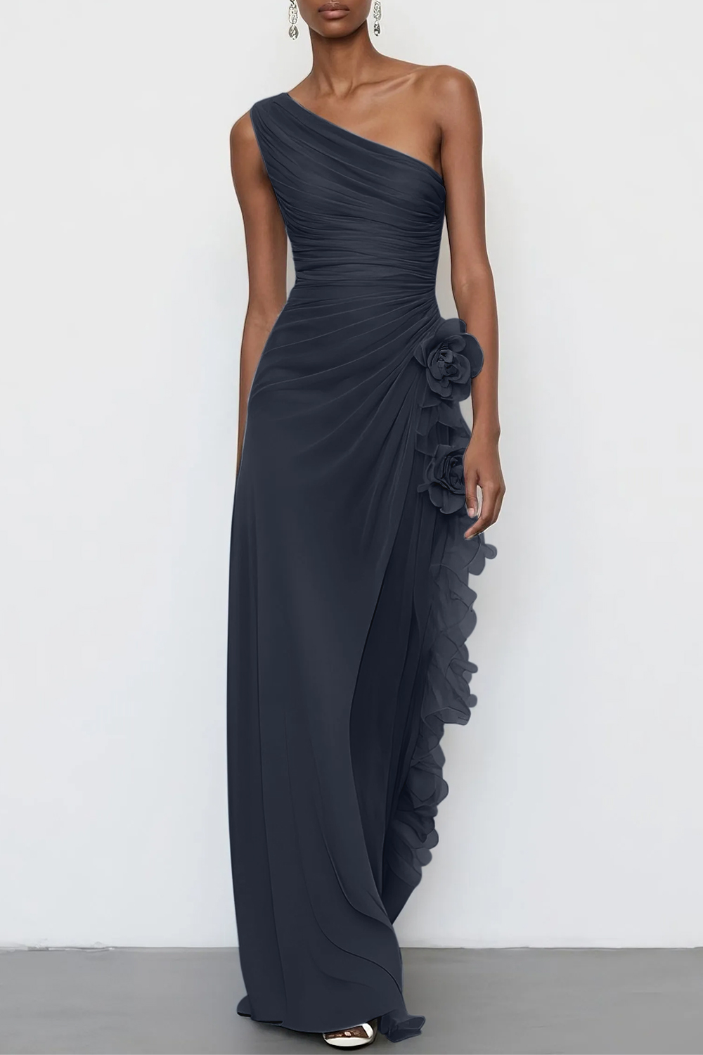 3D Floral Chiffon One Shoulder Sleeveless Sheath Maxi Dress