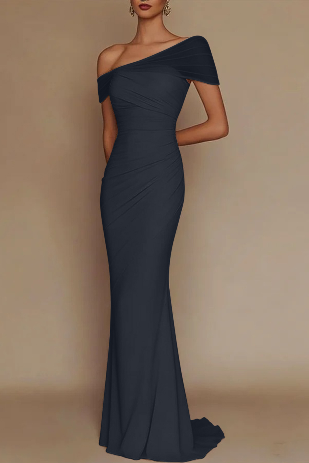 Blush Pink One-Shoulder Mesh-Patched Pleated Mermaid Maxi Dress