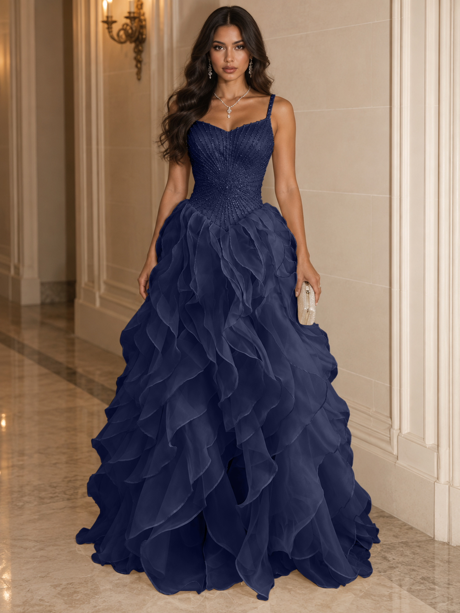 Spaghetti Straps Pleated Luxurious Maxi Evening Dresses with Beadings