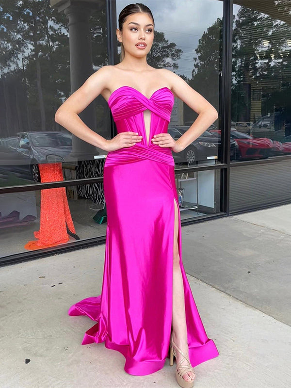 Navy Mermaid Strapless Corset Bodice Prom Dress with Slit