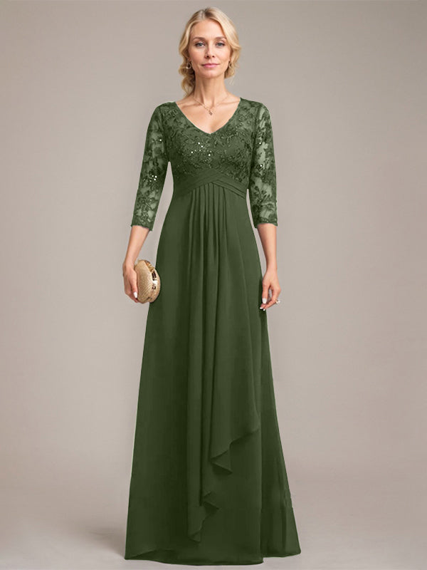A-line V-Neck Floor-Length Lace Chiffon Mother of the Bride Dress With Cascading Ruffles Sequins