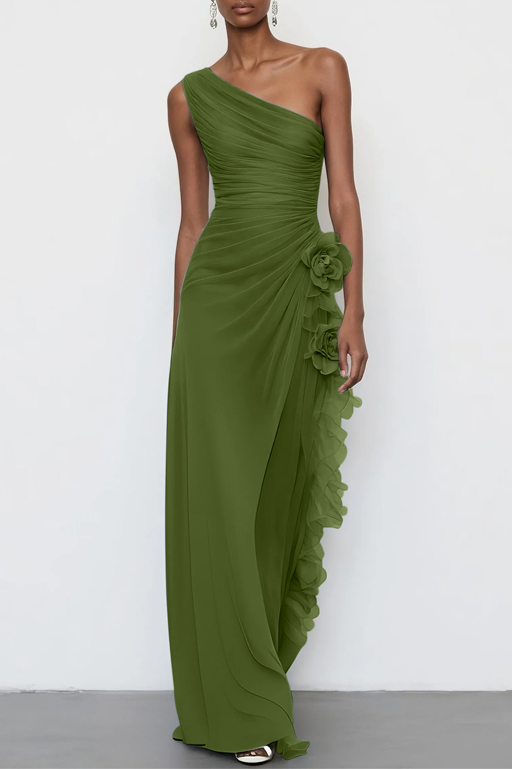 3D Floral Chiffon One Shoulder Sleeveless Sheath Maxi Dress