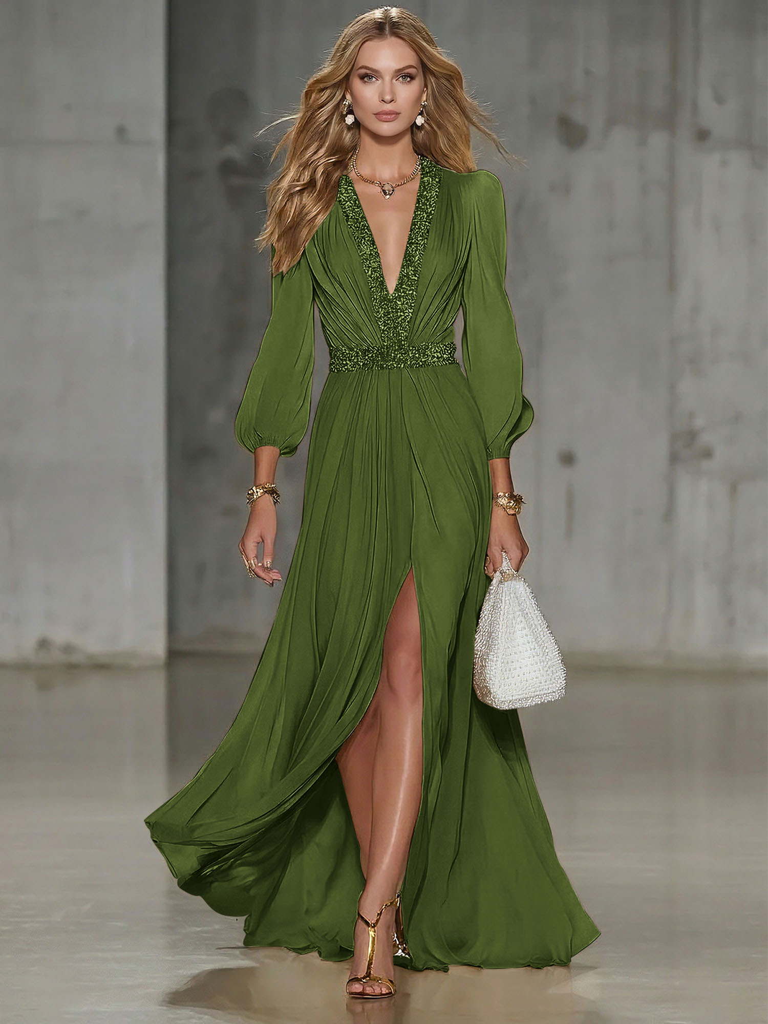 Elegant Beige Chiffon V-neck With Rhinestone Embellishments And A Side Slit Maxi Dress