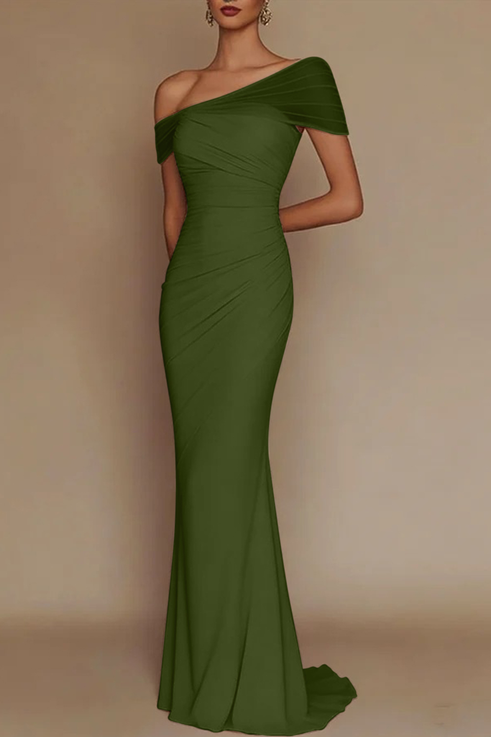 Blush Pink One-Shoulder Mesh-Patched Pleated Mermaid Maxi Dress