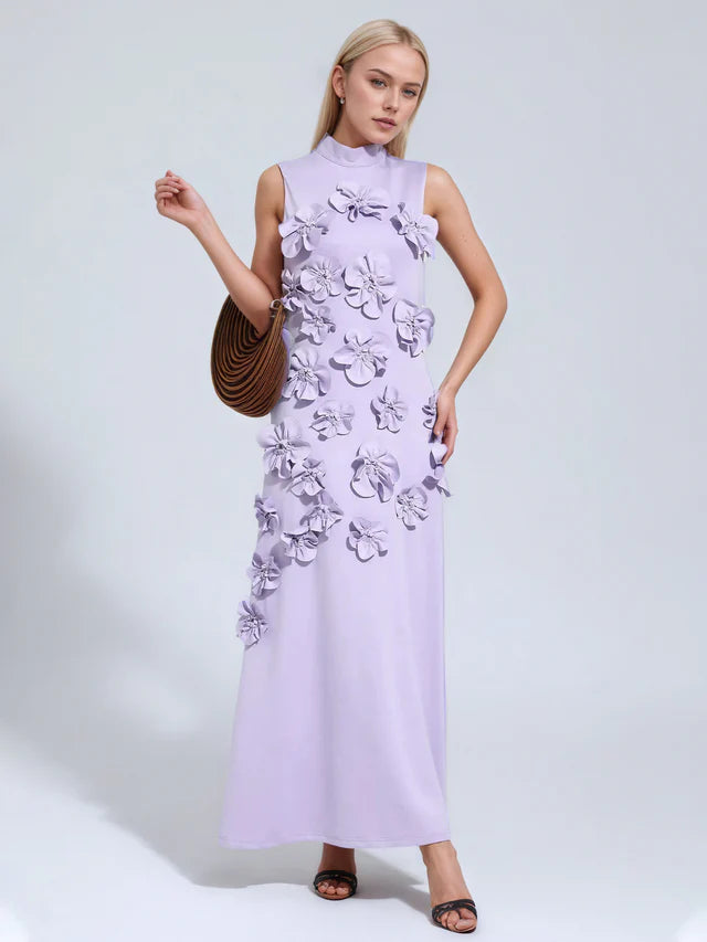 A Line High Neck Sleeveless Floor Length Stretch Crepe Dress With 3D Flowers