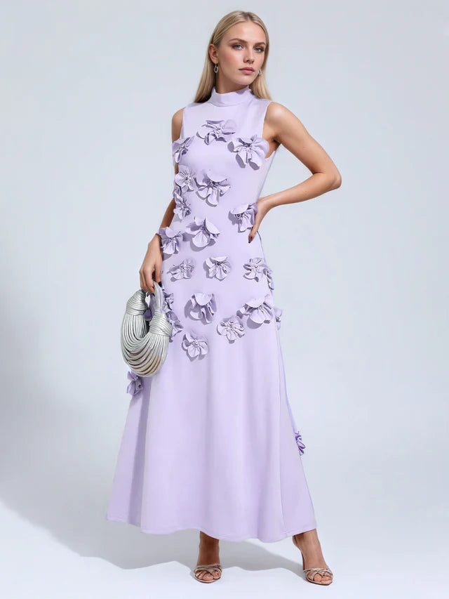 A Line High Neck Sleeveless Floor Length Stretch Crepe Dress With 3D Flowers