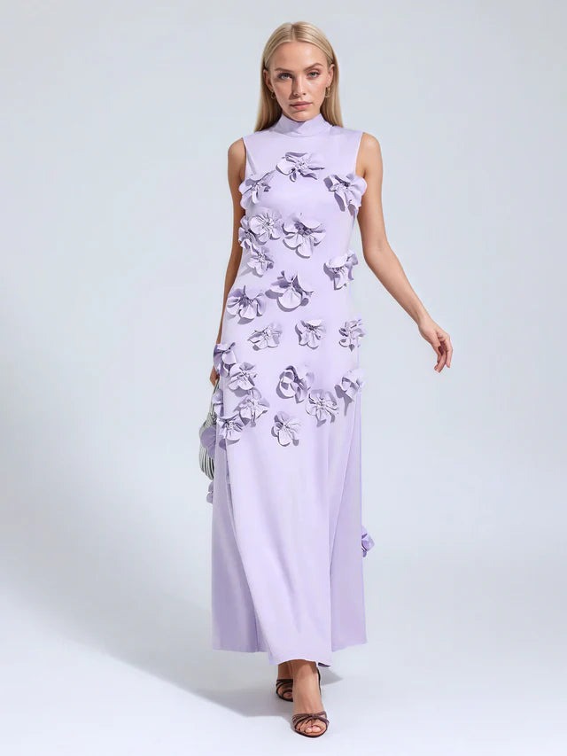 A Line High Neck Sleeveless Floor Length Stretch Crepe Dress With 3D Flowers