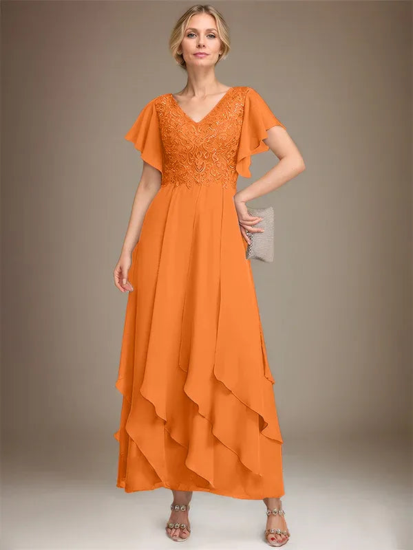 A-line V-Neck Ankle-Length Lace Chiffon Mother of the Bride Dress With Cascading Ruffles