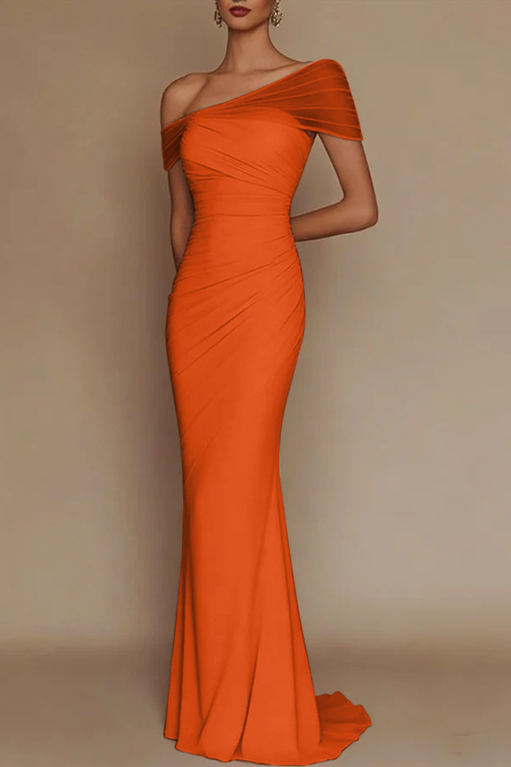 Blush Pink One-Shoulder Mesh-Patched Pleated Mermaid Maxi Dress