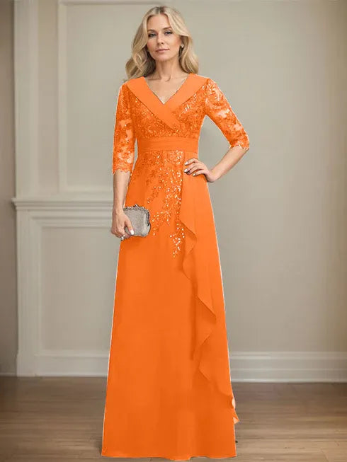 A-line Collared V-Neck Floor-Length Lace Chiffon Mother of the Bride Dress With Sequins Cascading Ruffles