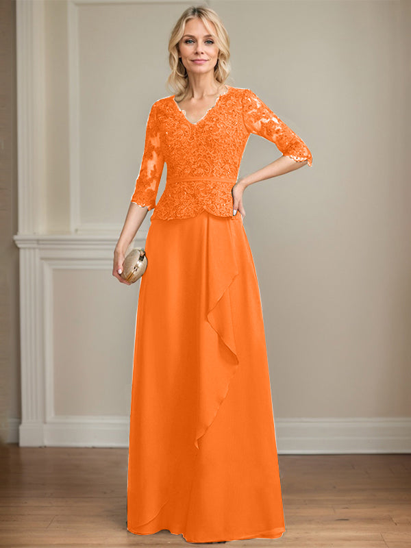 A-line V-Neck Floor-Length Lace Chiffon Mother of the Bride Dress With Cascading Ruffles Sequins