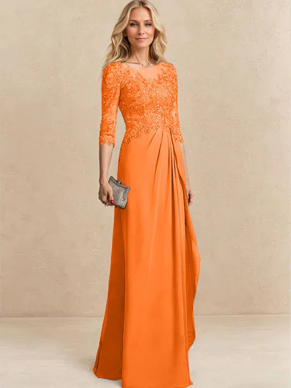 A-line Scoop Illusion Floor-Length Chiffon Lace Mother of the Bride Dress With Beading Sequins Cascading Ruffles