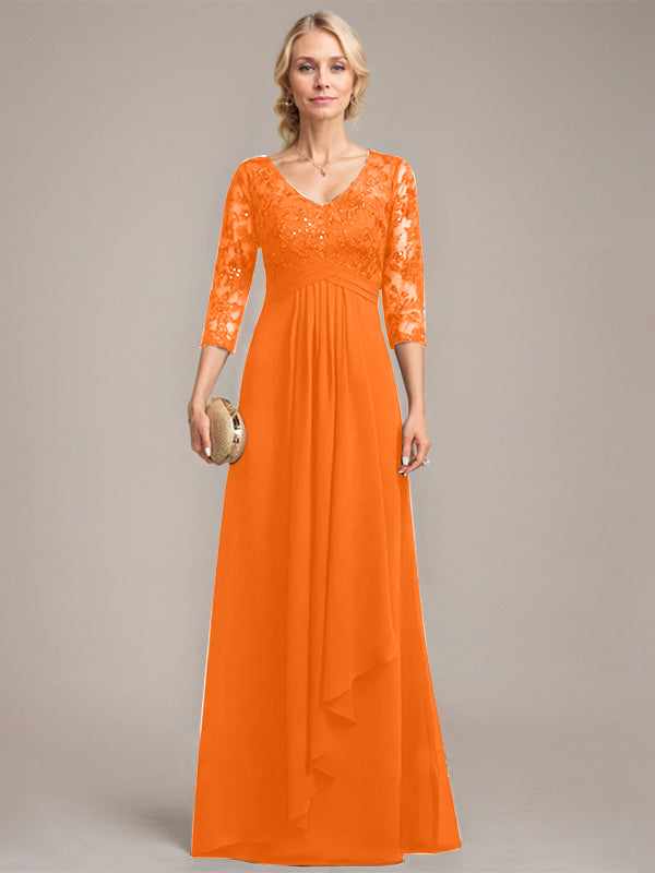 A-line V-Neck Floor-Length Lace Chiffon Mother of the Bride Dress With Cascading Ruffles Sequins