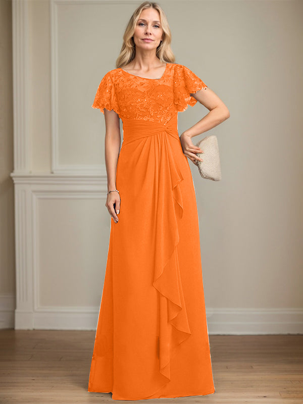 A-line Asymmetrical Illusion Floor-Length Lace Chiffon Mother of the Bride Dress With Cascading Ruffles Sequins