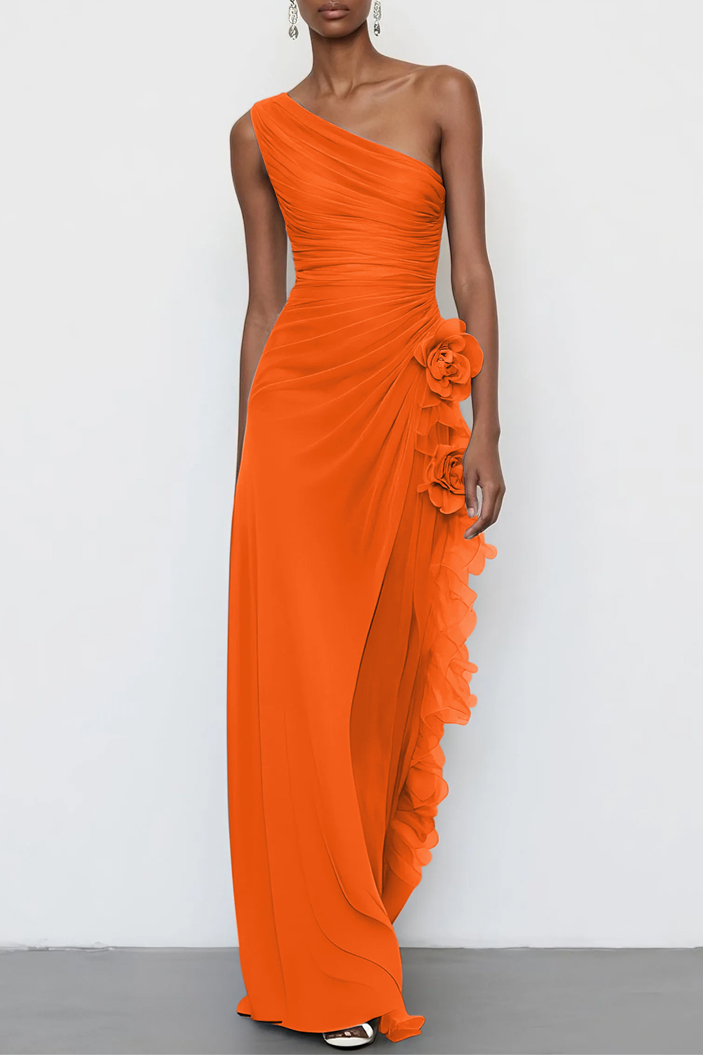 3D Floral Chiffon One Shoulder Sleeveless Sheath Maxi Dress