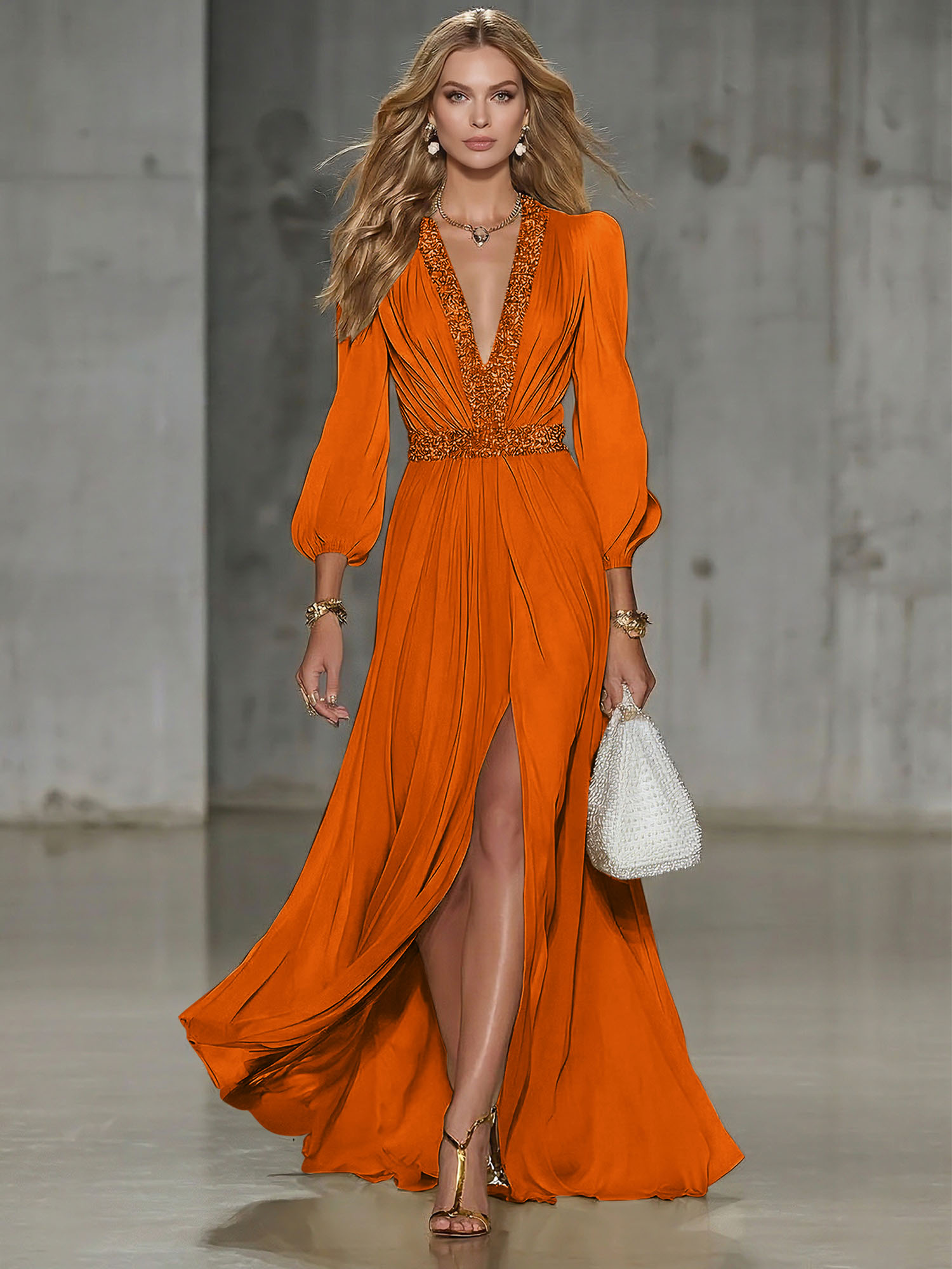 Elegant Beige Chiffon V-neck With Rhinestone Embellishments And A Side Slit Maxi Dress