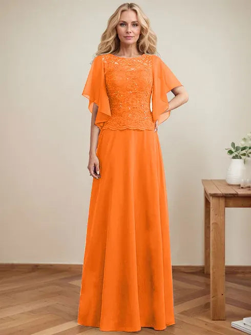 A-line Scoop Illusion Floor-Length Lace Chiffon Mother of the Bride Dress With Sequins