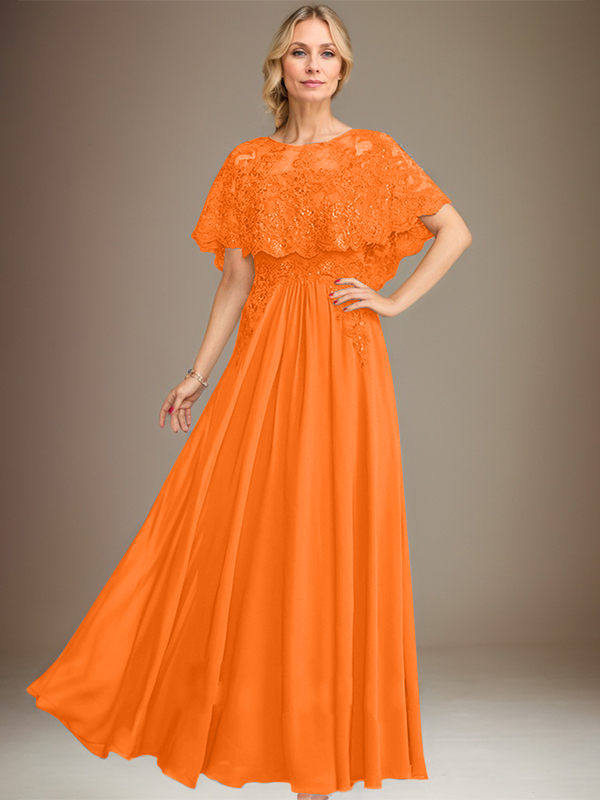 A-line Boat Neck Floor-Length Lace Chiffon Mother of the Bride Dress With Applique Sequins