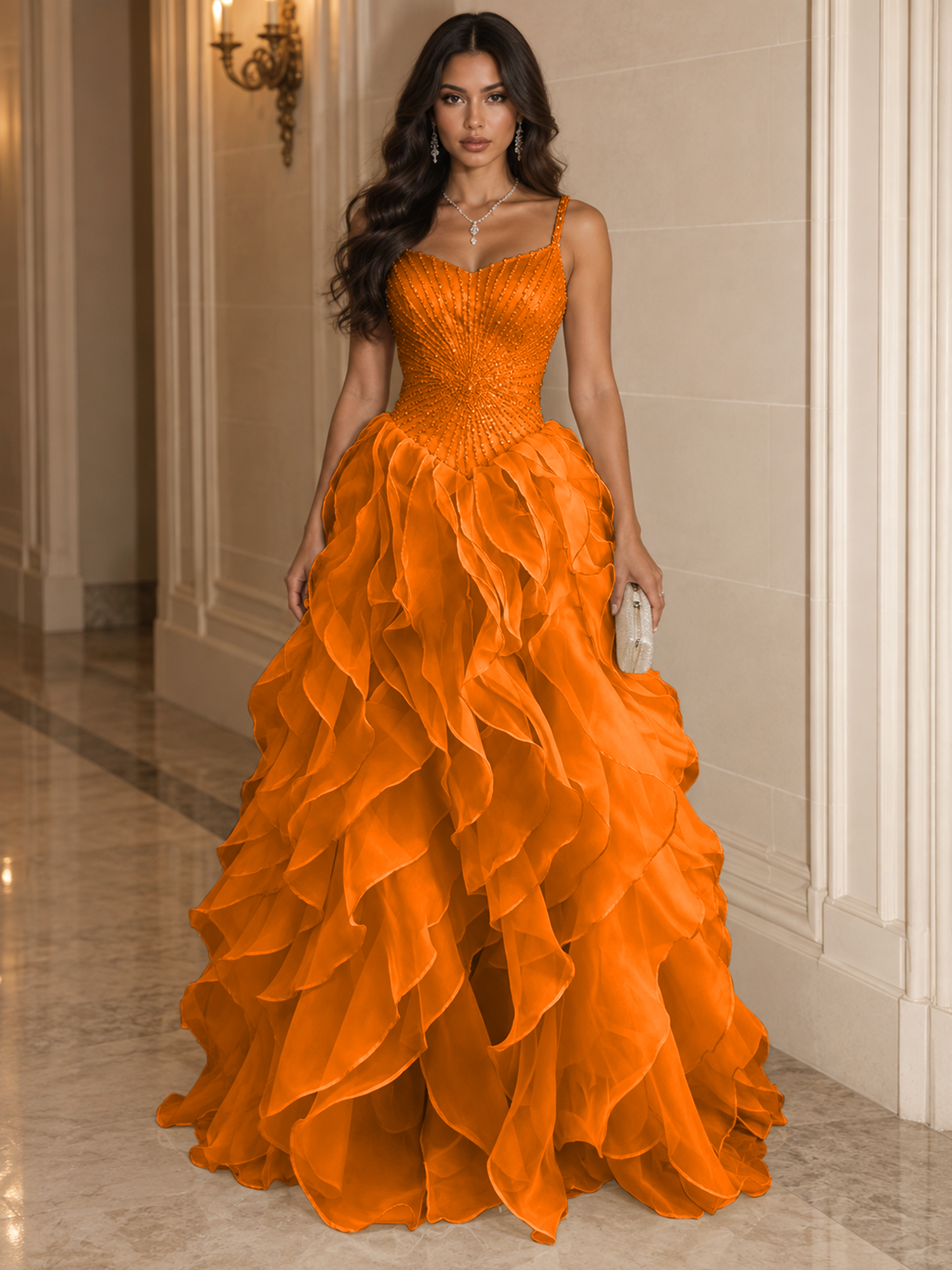 Spaghetti Straps Pleated Luxurious Maxi Evening Dresses with Beadings