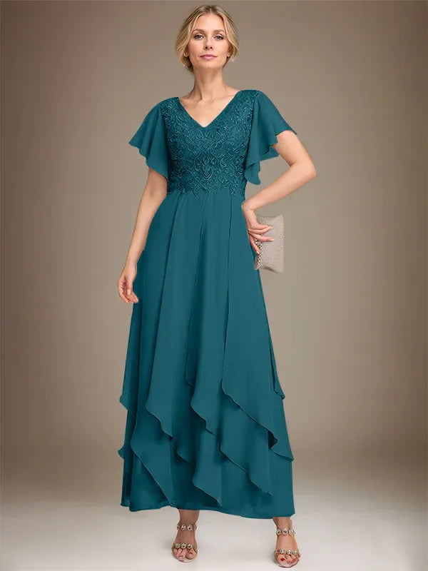 A-line V-Neck Ankle-Length Lace Chiffon Mother of the Bride Dress With Cascading Ruffles