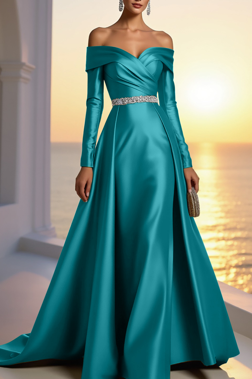 Formal Champagne Satin Dress Off The Shoulder Long Sleeve Maxi Gown