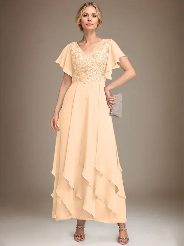 A-line V-Neck Ankle-Length Lace Chiffon Mother of the Bride Dress With Cascading Ruffles