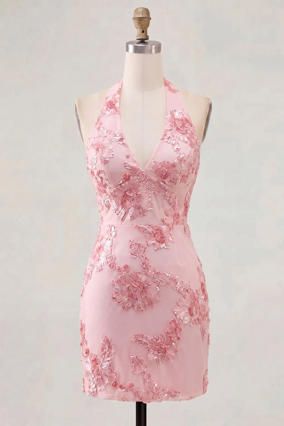 Light Blue Floral Bodycon Halter Neck Short Homecoming Dress
