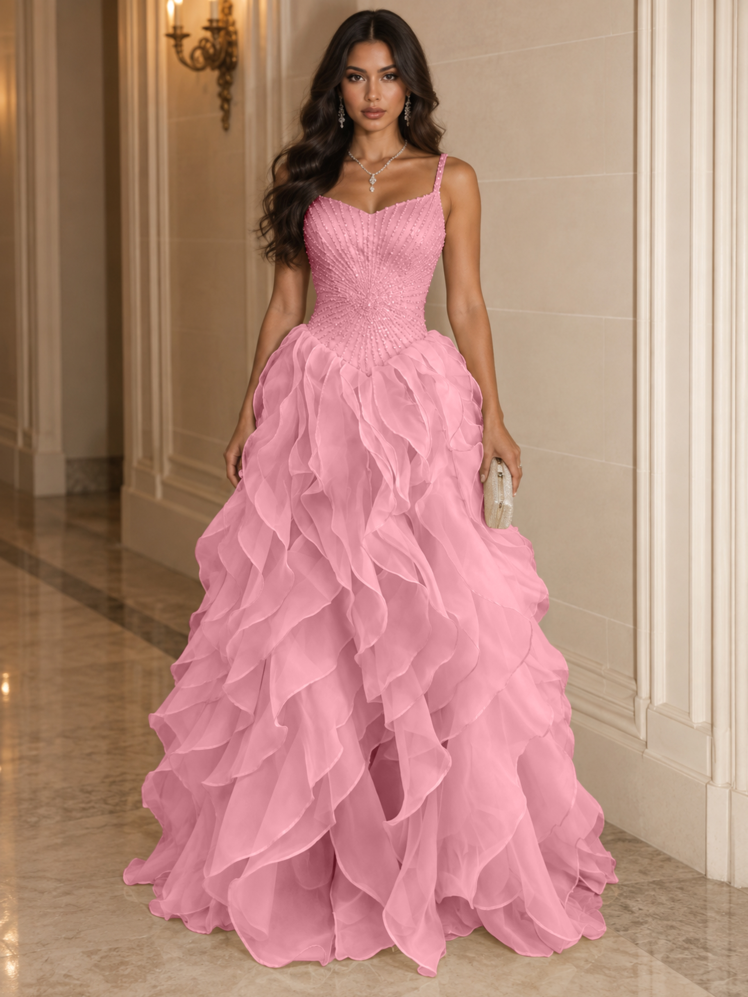 Spaghetti Straps Pleated Luxurious Maxi Evening Dresses with Beadings