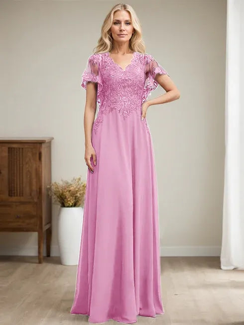 A-line V-Neck Floor-Length Lace Chiffon Mother of the Bride Dress With Sequins