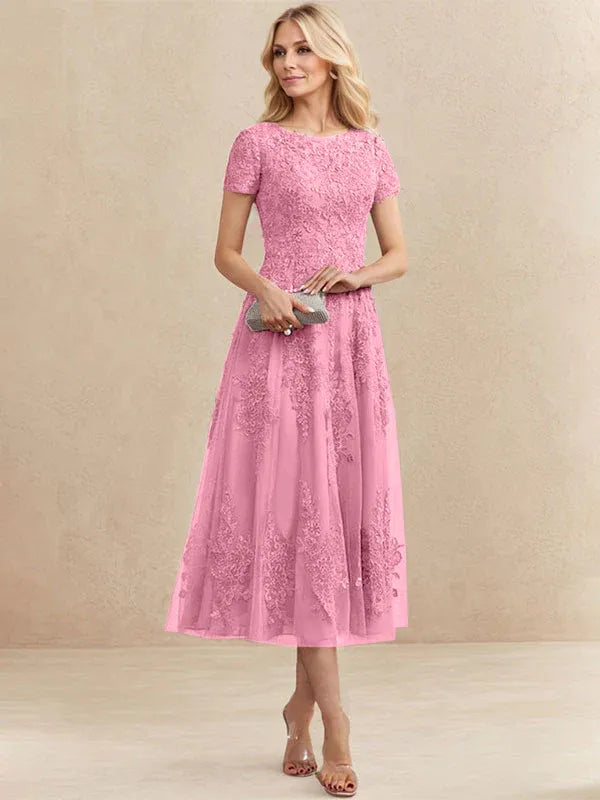 A-line Scoop Tea-Length Tulle Lace Mother of the Bride Dress