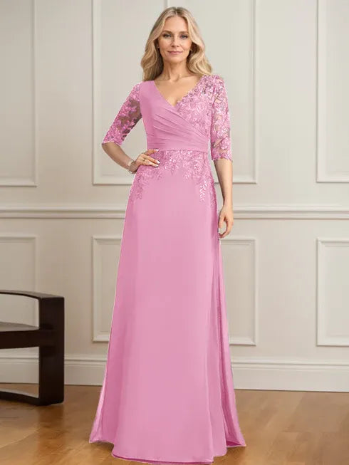 A-line V-Neck Floor-Length Lace Chiffon Mother of the Bride Dress With Pleated Sequins