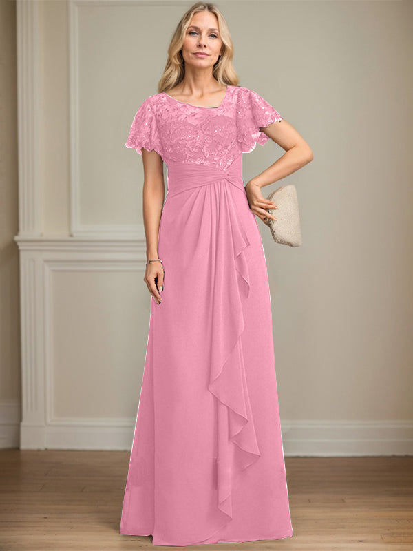 A-line Asymmetrical Illusion Floor-Length Lace Chiffon Mother of the Bride Dress With Cascading Ruffles Sequins