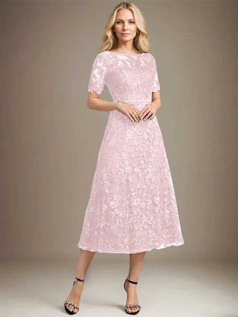 A-line Scoop Illusion Tea-Length Lace Mother of the Bride Dress With Sequins