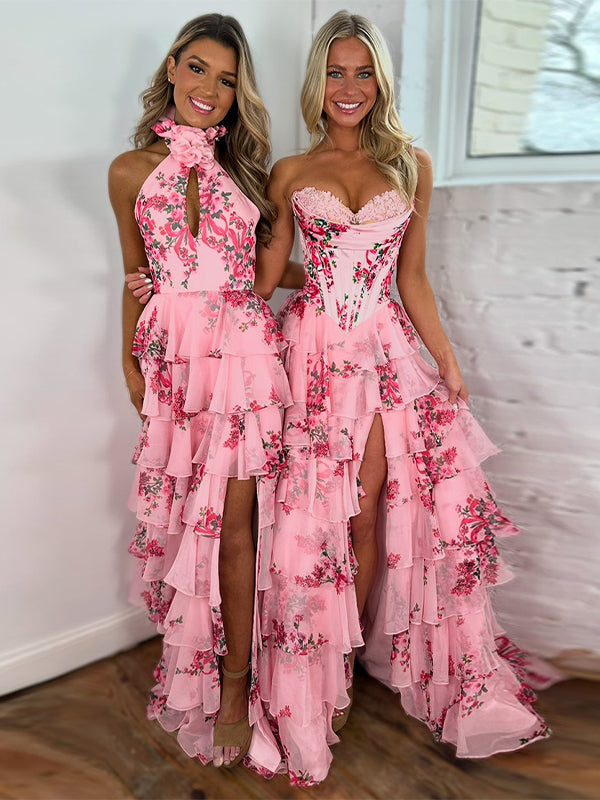 Pink A-Line Strapless Sweetheart Print Tiered Tulle Long Prom Dress with Slit