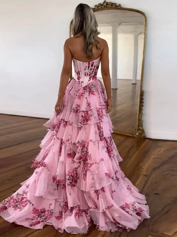 Pink A-Line Strapless Sweetheart Print Tiered Tulle Long Prom Dress with Slit
