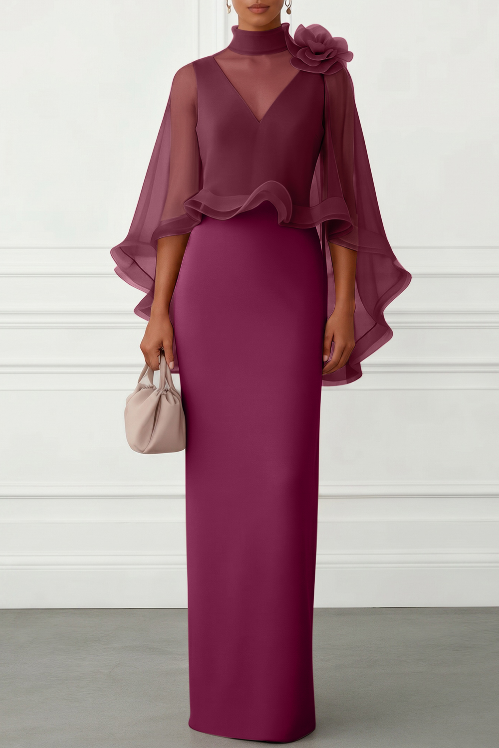Nudepink 3D Floral Mesh Classic Mock Neck Half Sleeve Sheath Floor-length Gown Dress